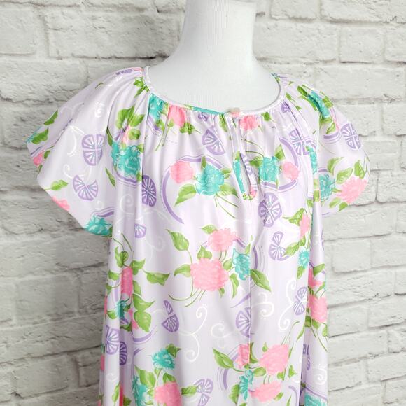 Vintage Purple Pink Tropical Floral Nightgown Nightie Kaftan Keyhole Neck OSFA - Picture 15 of 15